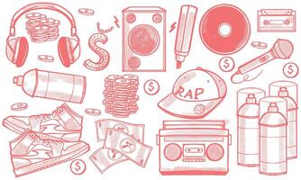 Pink hand drawn set of rap music doodle set. music instruments isolated on white background. vector