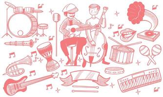 hand drawn set of jazz music doodle set. music instruments in doodle isolated on white background. vector