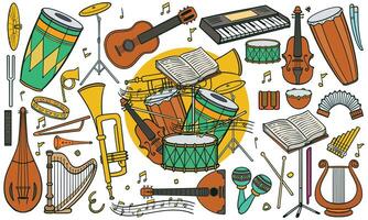 Colorful hand drawn set of classic and jazz music instruments in doodle style on white background. vector