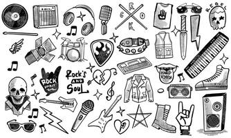 Hand drawn set of rock music doodle music instruments in doodle style isolated on white background. vector