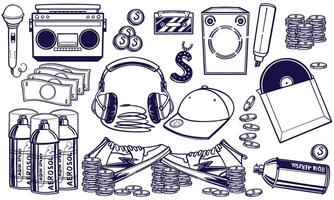 Black and white hand drawn set of rap music instruments in doodle style isolated on white background vector