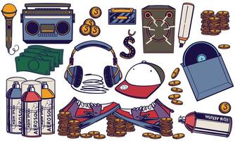 Colorful hand drawn set of rap music doodle set. music instruments isolated on white background. vector