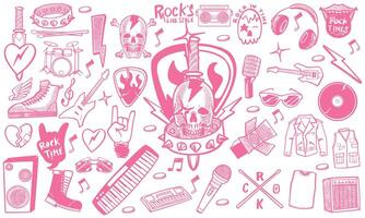 Hand drawn set of rock music doodle music instruments in doodle style isolated on white background. vector