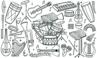 Monochrome hand drawn set of classic and jazz music instruments in doodle style on white background. vector