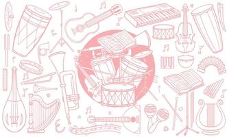 Pink hand drawn set of classic and jazz music instruments in doodle style on white background. vector