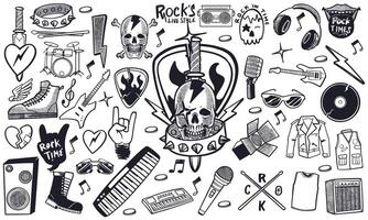 Hand drawn set of rock music doodle music instruments in doodle style isolated on white background. vector