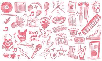 Hand drawn set of rock music doodle music instruments in doodle style isolated on white background. vector