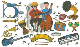 hand drawn set of jazz music doodle set. music instruments in doodle isolated on white background. vector
