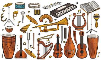 Colorful hand drawn set of classic and jazz music instruments in doodle style on white background. vector