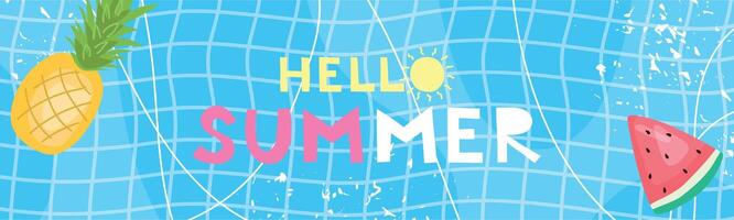 Hello summer header. Trendy illustration with watermelon and pineapple on the pool background for poster, card, banner, invitation. Sunny card in naive style. vector