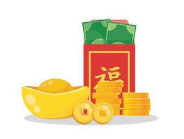 Angpao. Chinese new year with red envelope and gold money vector