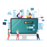 Social network web site surfing concept with computer screen. Global Business Concept. Teamwork Cooperation with Business People Characters. png