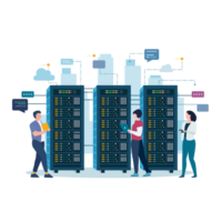 Technician works in server room racks. Cloud system concept. data center. data storage. png