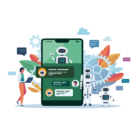 Man chatting with android robot or chat bot on smartphone screen. Artificial Intelligence png