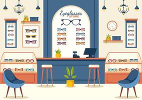 Illustration of an Eyeglasses Store or Optical Shop featuring Accessories, an Optician, Vision Checking, and Eyeglasses in a Flat Background vector