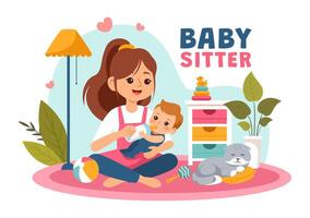 Babysitter or Nanny Services Illustration for Caring for Babies, Providing for Their Needs and Playing with Baby in a Flat Cartoon Background vector