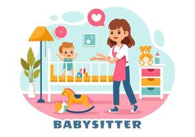Babysitter or Nanny Services Illustration for Caring for Babies, Providing for Their Needs and Playing with Baby in a Flat Cartoon Background vector