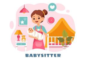 Babysitter or Nanny Services Illustration for Caring for Babies, Providing for Their Needs and Playing with Baby in a Flat Cartoon Background vector