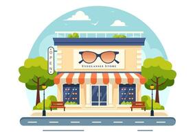 Illustration of an Eyeglasses Store or Optical Shop featuring Accessories, an Optician, Vision Checking, and Eyeglasses in a Flat Background vector