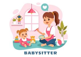 Babysitter or Nanny Services Illustration for Caring for Babies, Providing for Their Needs and Playing with Baby in a Flat Cartoon Background vector