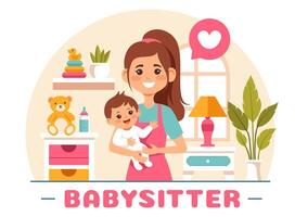 Babysitter or Nanny Services Illustration for Caring for Babies, Providing for Their Needs and Playing with Baby in a Flat Cartoon Background vector