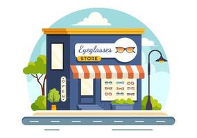 Illustration of an Eyeglasses Store or Optical Shop featuring Accessories, an Optician, Vision Checking, and Eyeglasses in a Flat Background vector