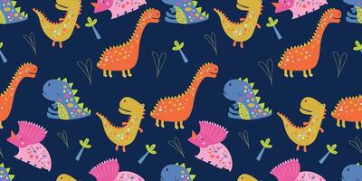 Seamless pattern with several types of dinosaurs on a dark background. Cute dinosaurs with a Dinosaur Day theme. It can be used for wrapping paper, gift wrapping, textiles, etc. vector