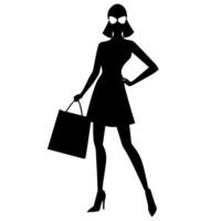 A smart shopping girl stand with a shopping bag silhouette, black color illustration vector