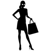 A smart shopping girl stand with a shopping bag silhouette, black color illustration vector