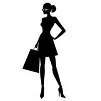 A smart shopping girl stand with a shopping bag silhouette, black color illustration vector