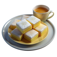 3d render of plate of lemon bars dusted with powdered sugar, set on a white plate with a cup of tea png