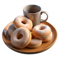 An assortment of rosquillas dusted with powdered sugar, set on a rustic plate with a cup of hot chocolate png
