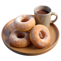 An assortment of rosquillas dusted with powdered sugar, set on a rustic plate with a cup of hot chocolate png