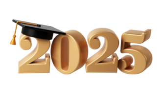 Class of 2025 3d icon. Congratulation graduates design template with black cap and numbers. Gold graduation typography illustration for ceremony, party, greeting card, invitation png