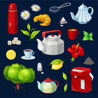 Tea objects isolated icons set. Teapot, cup vector