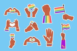 LGBT stickers African American hands with heart and flag vector
