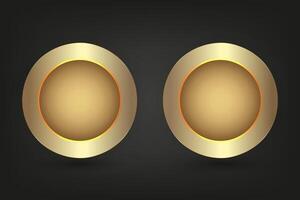 Set of two luxurious and shiny metal golden circle buttons against a black background, creating a striking contrast , illustration design vector