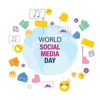 Globe with Happy Social Day text, encircled by social media icons like smile faces, music notes, hearts, thumbs up, messages, thumbs down and speech bubbles vector