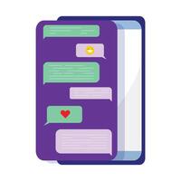 Smartphone screen displaying a series of colourful chat bubbles, including green, purple, and red messages. Online chatting, internet, online communication, social media concept vector