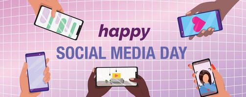 pink and purple grid banner designed for Social Media Day. The banner features diverse hands using cellphones for various activities vector
