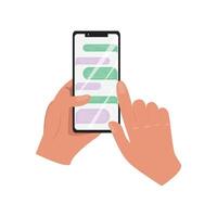 Hand gripping a cellphone that displays an online chat interface. Another hand is depicted using an index finger to scroll through the chat messages on the phone screen vector