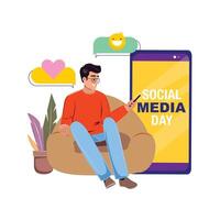 Man with glasses in an armchair, using cellphone, surrounded by heart and speech bubble, large smartphone with Social Media Day text vector