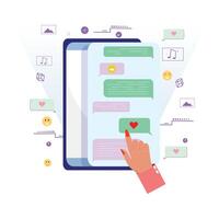 Hand interacts with a smartphone displaying a chat screen filled with colourful messages vector