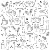 Brewing monochrome seamless pattern with beer lined icons and elements on white background illustration. vector