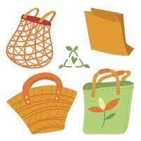 Set of environmentally friendly and reusable bags - straw, paper, fabric and mesh. A conscious and stylish approach to shopping and daily life. An eco-friendly lifestyle. A sign of recycling. Isolated vector