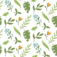 A pattern of painted leaves and flowers. Gentle and natural elements of nature. A repeating texture with natural colored elements. A variety of green leaves with orange and blue flowers on a white vector