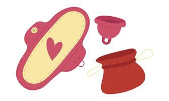 An eco-friendly set of reusable menstruation products - a fabric gasket and a menstrual cup complete with packaging. Feminine hygiene products, a comfortable approach to menstruation. Collection vector