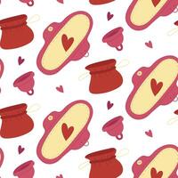 An eco-friendly pattern of reusable menstruation products, a fabric pad and a menstrual cup complete with packaging. Feminine hygiene products, a convenient approach to menstruation. Seamless vector