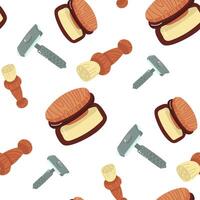 Pattern made of a natural shaving brush, an iron machine and cream in a glass jar. Environmentally friendly materials. Seamless texture packaging in the style of a careful approach to personal hygiene vector