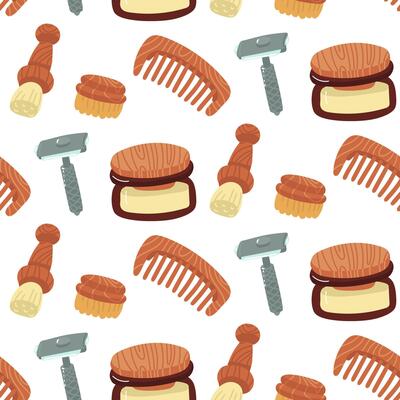 Pattern of different natural shaving brushes, a steel machine, cream in a glass jar, a wooden comb. Environmentally friendly materials. A texture for self-care packaging. Careful personal hygiene
